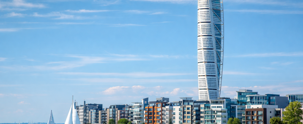 malmö waterfront with turning torso and sailboats