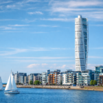 malmö waterfront with turning torso and sailboats
